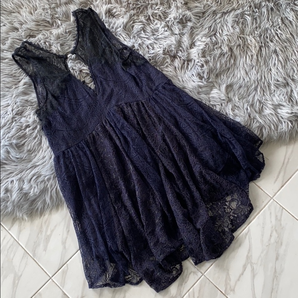 Free People Navy and Black Lace Shift Dress